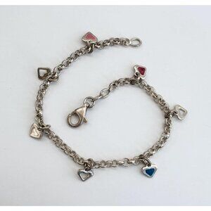Multi Charm Heart Shaped Vintage Sterling Silver Chainlink 925 Bracelet - 6.75"
